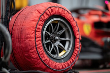 Fototapeta premium Formula Racing Tire Covered with Red Thermal Tire Warmer, Motorsport Detail