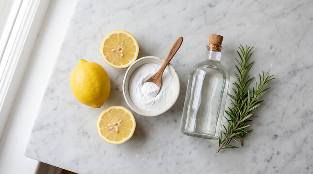 Top view of natural eco friendly cleaning ingredients with baking soda, vinegar bottle, lemons, and wooden spoon