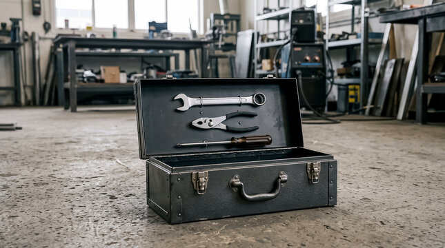 Vintage open black metal toolbox with wrench, pliers, and hand tools sitting on concrete floor in workshop garage