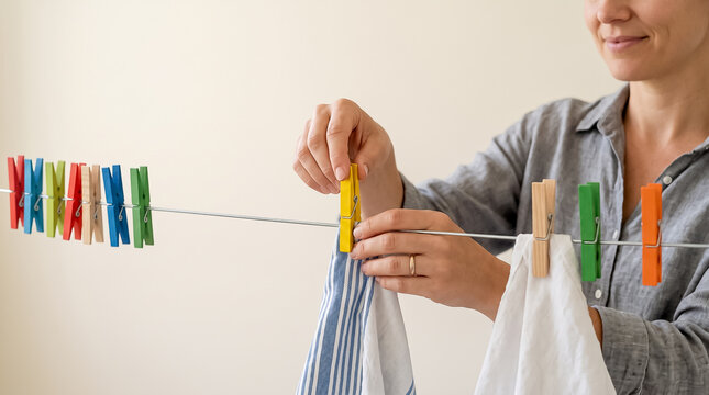 Female hands using yellow wooden clothespin peg to attach wet laundry clothes to outdoors clothesline drying wire