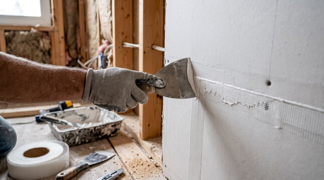 Worker in gloves using wide stainless steel putty knife spatula to smooth joint compound mud along drywall seam edge