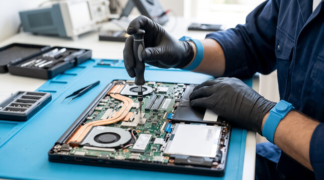Hands in black gloves using precision screwdriver tool to disassemble laptop motherboard during hardware repair service