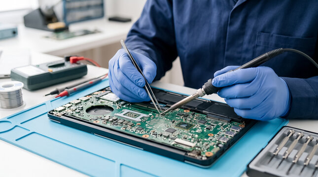 Technician in blue gloves using soldering iron tool and tweezers to repair microelectronic laptop motherboard components