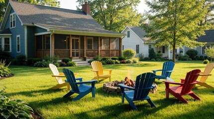 Fototapeta premium Modern suburban farmhouse with large green lawn, colorful Adirondack chairs around stone fire pit. Beautiful residential backyard features luxury outdoor living space. Family home exterior with