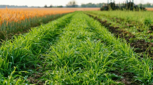 Green Cover Crop Rows Growing Between Golden Wheat Fields, Farmland