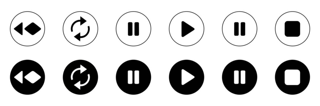Media Player Control Icon set, outline and solid vector symbols featuring play, pause, stop, previous, next, and replay buttons, clean playback controls for audio, video, streaming, and digital interf