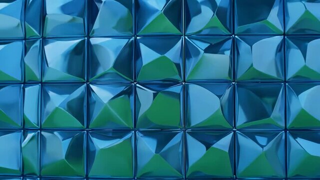 Cubed blue material with reflective facets moving in focus against a green screen backdrop