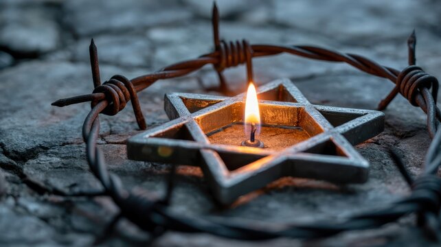 Star of David candle glowing inside barbed wire fence on cracked dry earth representing holocaust remembrance and historical trauma Remembrance Day