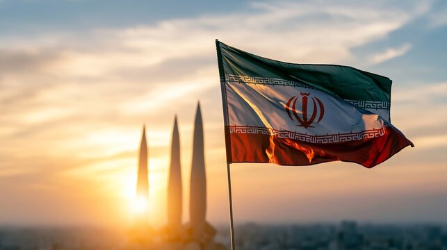 Iranian flag waving with missile silhouettes during sunset, symbolizing national power and defense