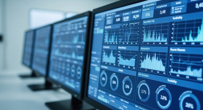 Hightech monitoring system screens tracking water quality in a metropolitan treatment center.