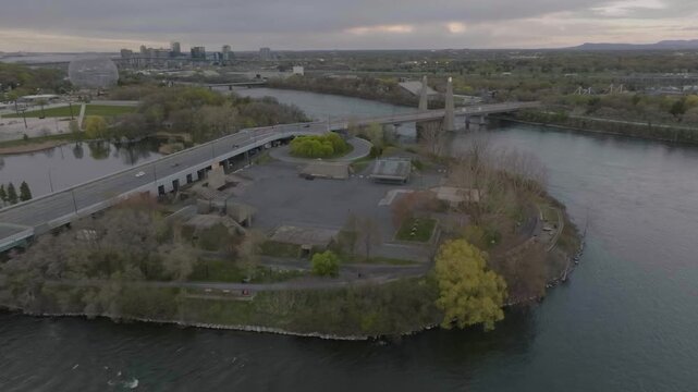 drone going around the plce des nations in park jean drapeau where f1 is run here in canada