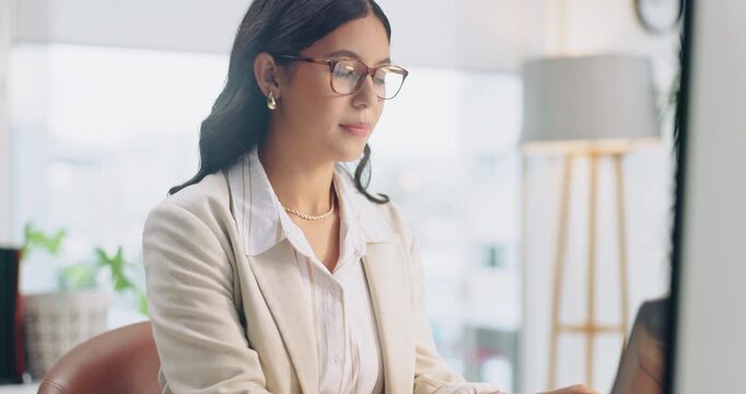 Typing, creative and business woman on laptop for marketing proposal, research and strategy. Reading, office and person on computer for planning, brand promotion and email campaign for advertising
