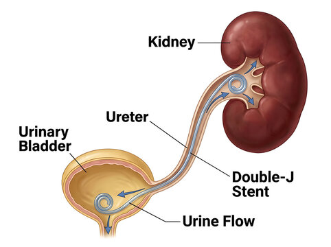 Double j stent in urinary system diagram isolated on white background