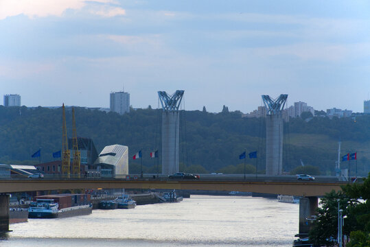 Pont Guillaume-le-Conquérant bridge and Pont Flaubert bridge over Seine River at French city of Rouen on a summer day. Photo taken July 13th, 2026, Rouen, Normandie, France.