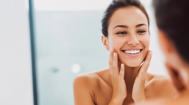 Woman smiling, touching her clean face in the mirror, appreciating healthy skin and positive self image