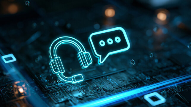 Neon headset and speech bubble icons glowing on a dark circuit board. Representing digital customer support and AI.