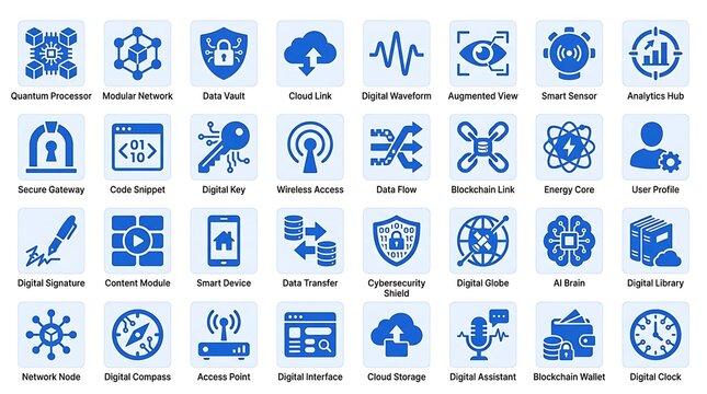 Digital technology and network infrastructure icons set for information systems with technology security computing software information infrastructure internet wireless connection management