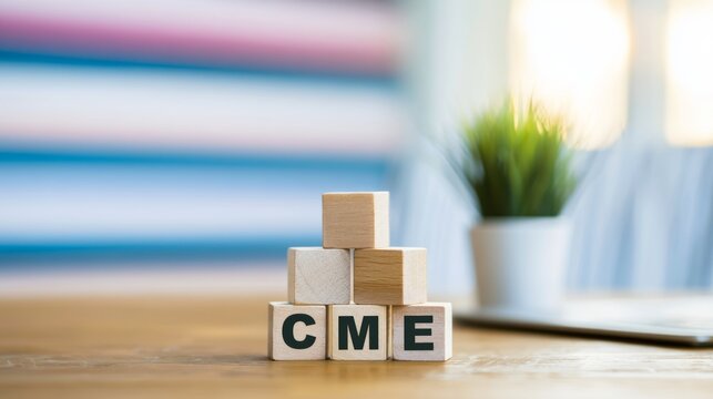 Wooden cubes spelling CME on a table, symbolizing continuing medical education and professional development