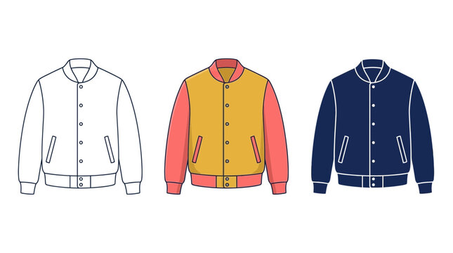 Varsity jackets displayed in flat linear art style with colorful fills and clean outline vector graphics
