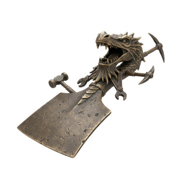 Steampunk Dragon Head Sculpture with Antique Construction Tools