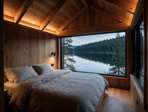 Cozy bedroom interior in tiny house on wheels with wooden walls. Large window shows calm lake, pine forest at dusk. Comfortable bed with linen bedding sits near scenic mountain view. Small modern