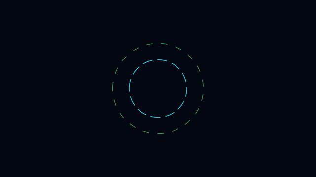 Futuristic digital HUD interface displaying rotating concentric dashed ring loops, abstract technological circle scope elements, vector radar sonar graphic display, and telemetry motion design 