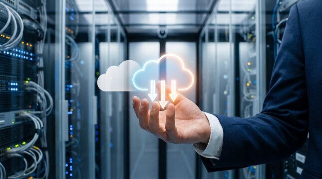 Professional holding cloud icon in modern data center setting