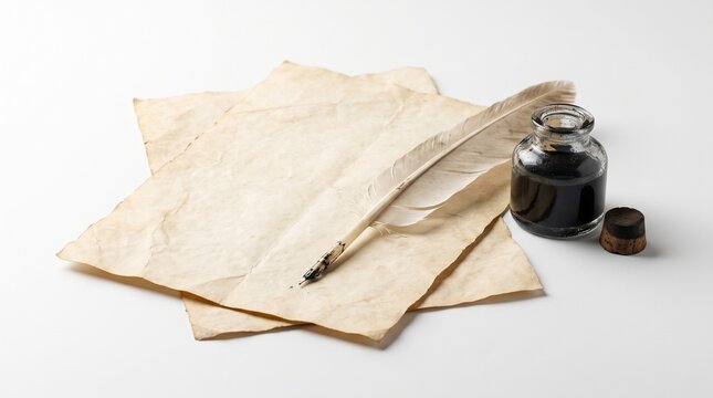 Classic writing instruments feather quill ink and old paper