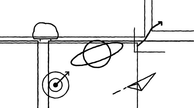 Hand drawn animation showing a planet and a rocket ship flying through space.