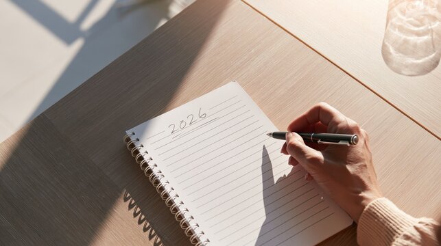 Hand writing 2026 on a spiral notebook, planning future goals and new year resolutions on a wooden desk
