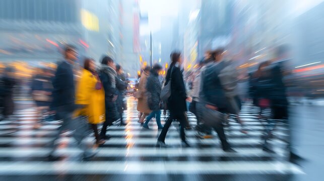 Dynamic motion blur captures busy people crossing an urban street