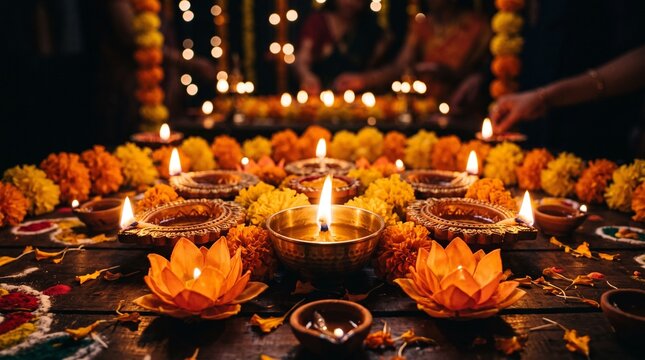 Beautiful arrangement of traditional oil lamps and marigold flowers for the hindu festival of diwali celebration