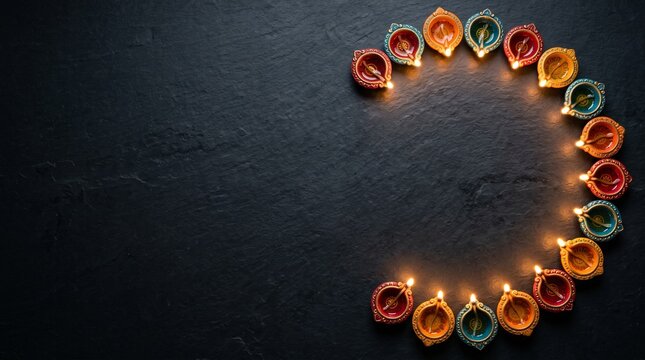 Top view of colorful glowing oil lamps arranged in a crescent shape for the diwali festival celebration