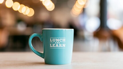 Fototapeta premium Turquoise coffee mug featuring lunch and learn text, representing business education, training, and professional development