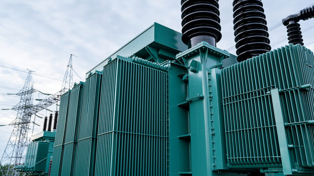 A large green industrial power transformer stands outdoors under high voltage power lines. Energy transmission.