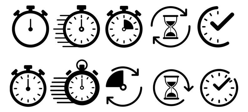 Stopwatch Icon set, minimalist black vector symbols featuring timer and clock designs for speed, productivity, time management, deadlines, scheduling, and performance tracking. 