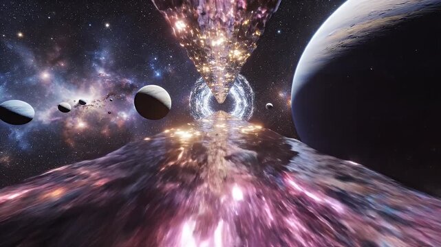 Surreal cosmic journey through a vibrant nebula, with planets and a luminous watery pathway leading to a galactic portal.