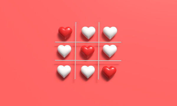 Creative red and white heart shapes arranged in tic tac toe grid pattern on vibrant pink background