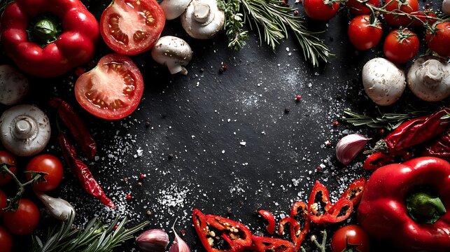 Fresh red vegetables and spices scattered on dark culinary slate