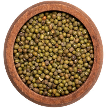 Top view wooden bowl of dry mung bean isolated on transparent background cutout