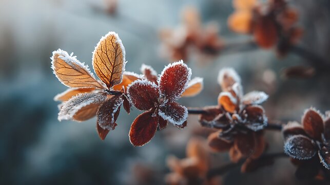 Glistening golden leaves covered in crisp morning frost during winter