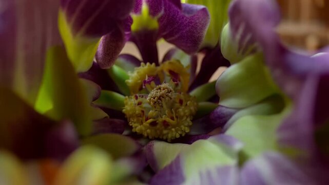 Layered flower petals in rich purple, green, and soft yellow tones surrounding detailed bloom center under warm indoor light with creamy background blur and elegant floral texture