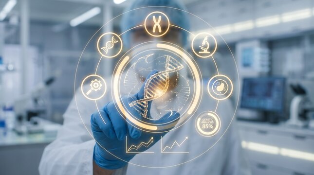 Futuristic genetic research in modern laboratory, scientist interacting with virtual DNA hologram interface, advanced biotechnology and medical engineering concept