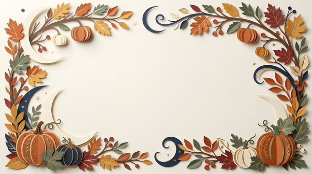 Elegant autumn border featuring paper cut pumpkins, colorful fall leaves, and crescent moon motifs.