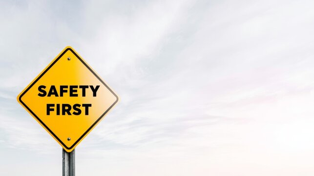 Yellow diamond sign displaying safety first message against bright sky, indicating protection and security concept
