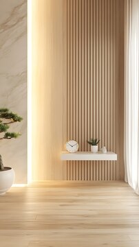 Minimalist living room with natural wood accents and warm lighting