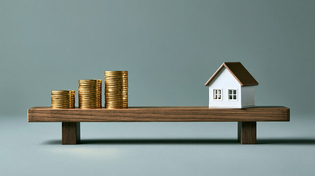 Stacked gold coins next to a small house model on a wooden seesaw. Real estate investment and mortgage finance concept.