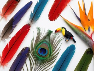 Obraz premium Colorful bird feathers and toucan figure lay on white surface with tropical flower. Exotic nature composition with vibrant plumage and jungle bird toy.