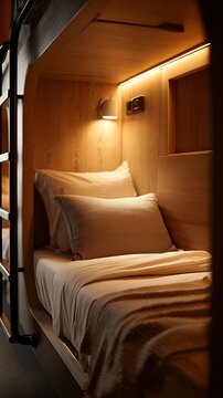 Modern wooden sleeping capsule provides comfort and privacy in a hostel