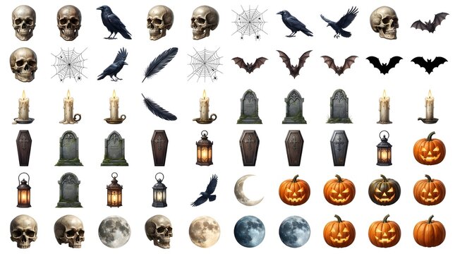 Extensive assortment of Halloween icons featuring skulls, ravens, tombstones, and spooky symbols.